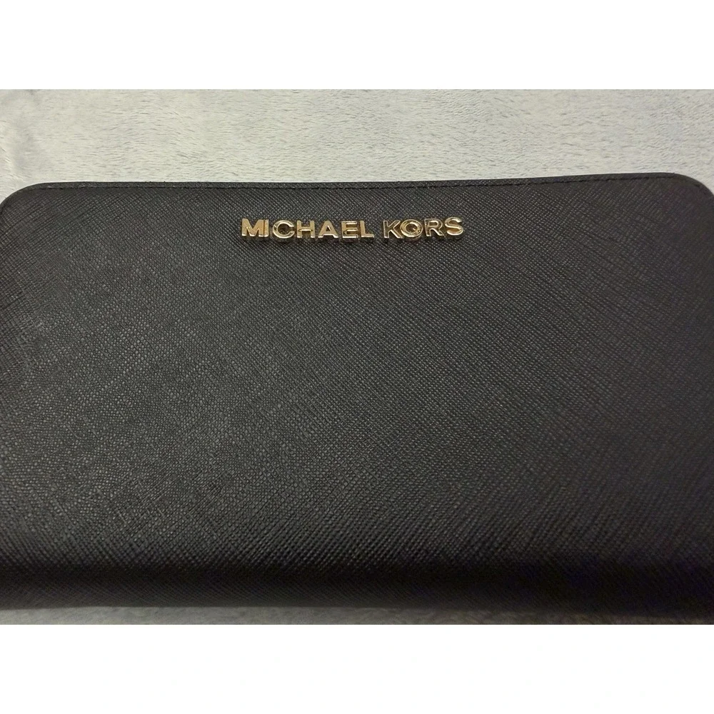 Michael Kors Black Saffiano Leather Zip Around Wallet Gold Hardware
